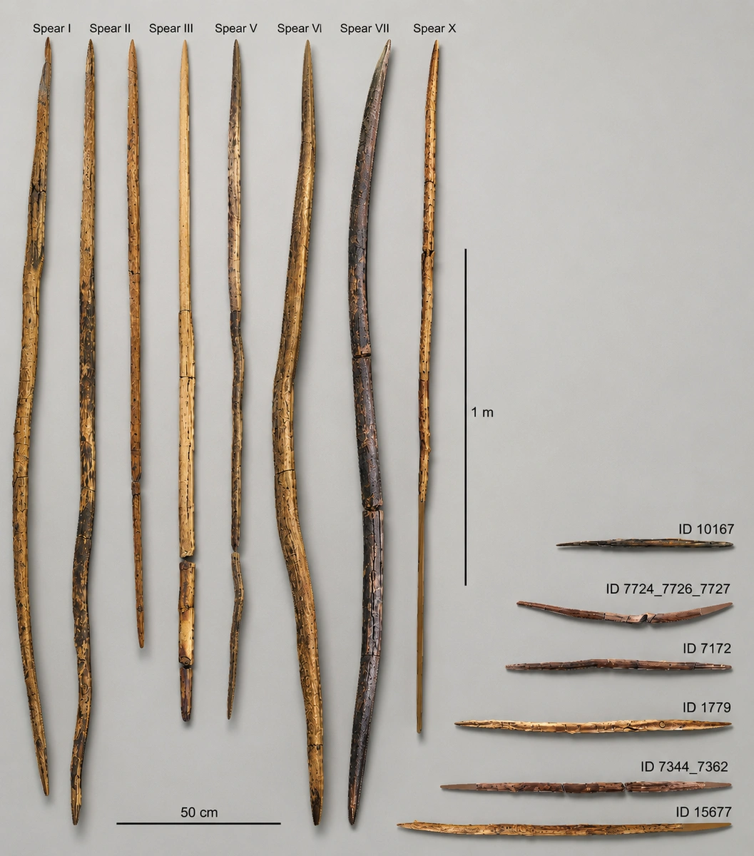 Long tapered wooden spear preserved in dark sediment, displayed horizontally in a museum case